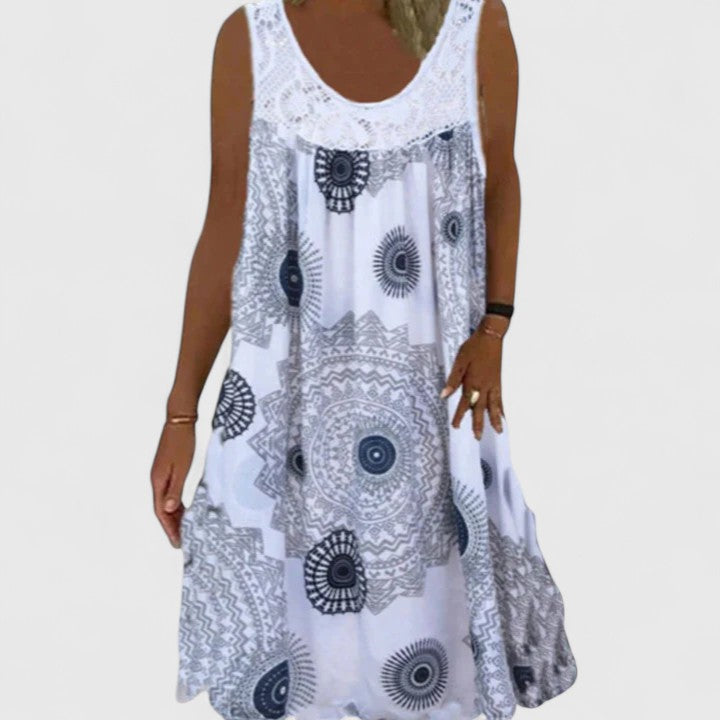 Yellow Mandala Print Lace Yoke Sleeveless Dress