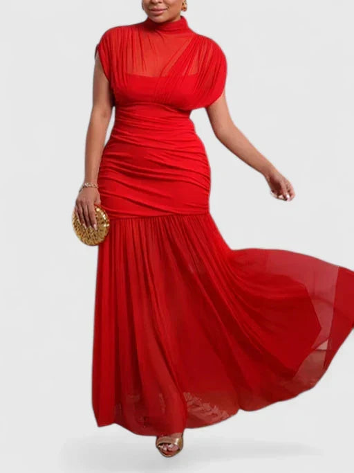 Red Ruched Mesh Mock Neck Pleated Maxi Dress