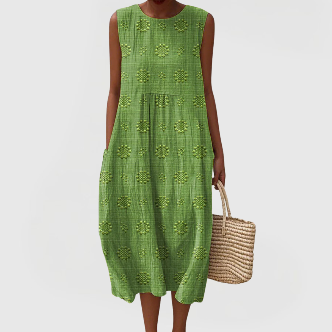 Sage Green Embroidered Sleeveless A-Line Midi Dress