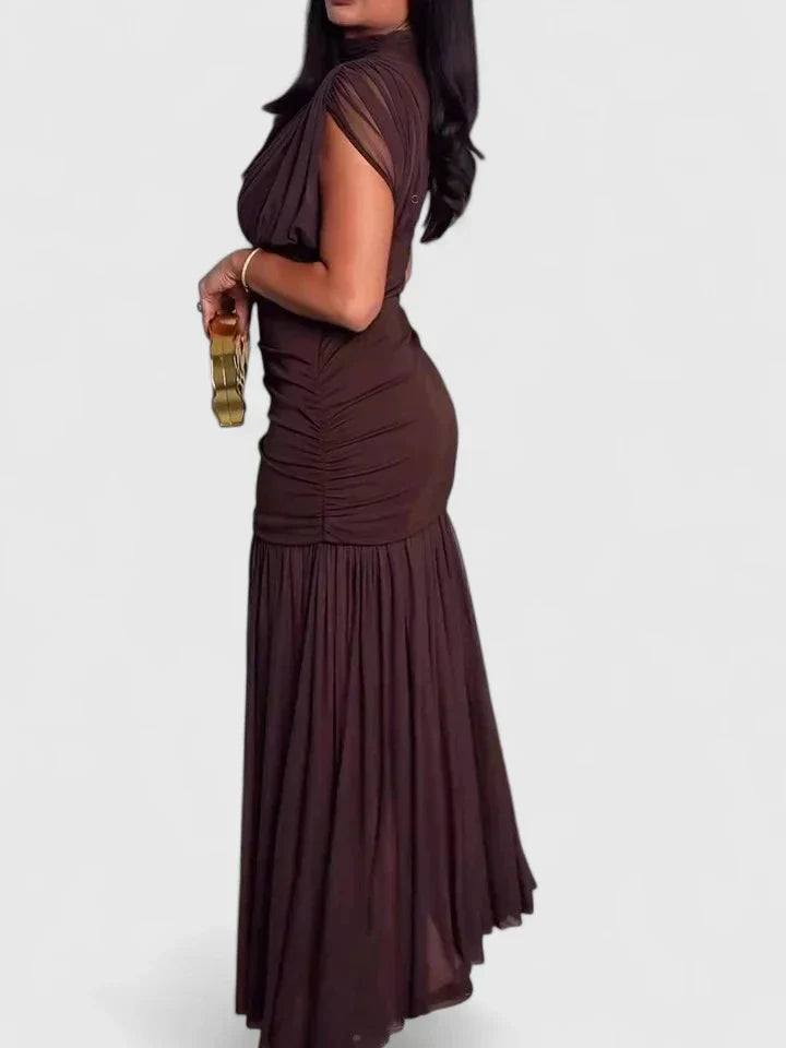 Red Ruched Mesh Mock Neck Pleated Maxi Dress
