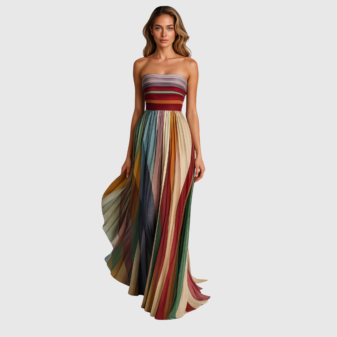 Multicolor Striped Strapless Pleated Chiffon Maxi Dress