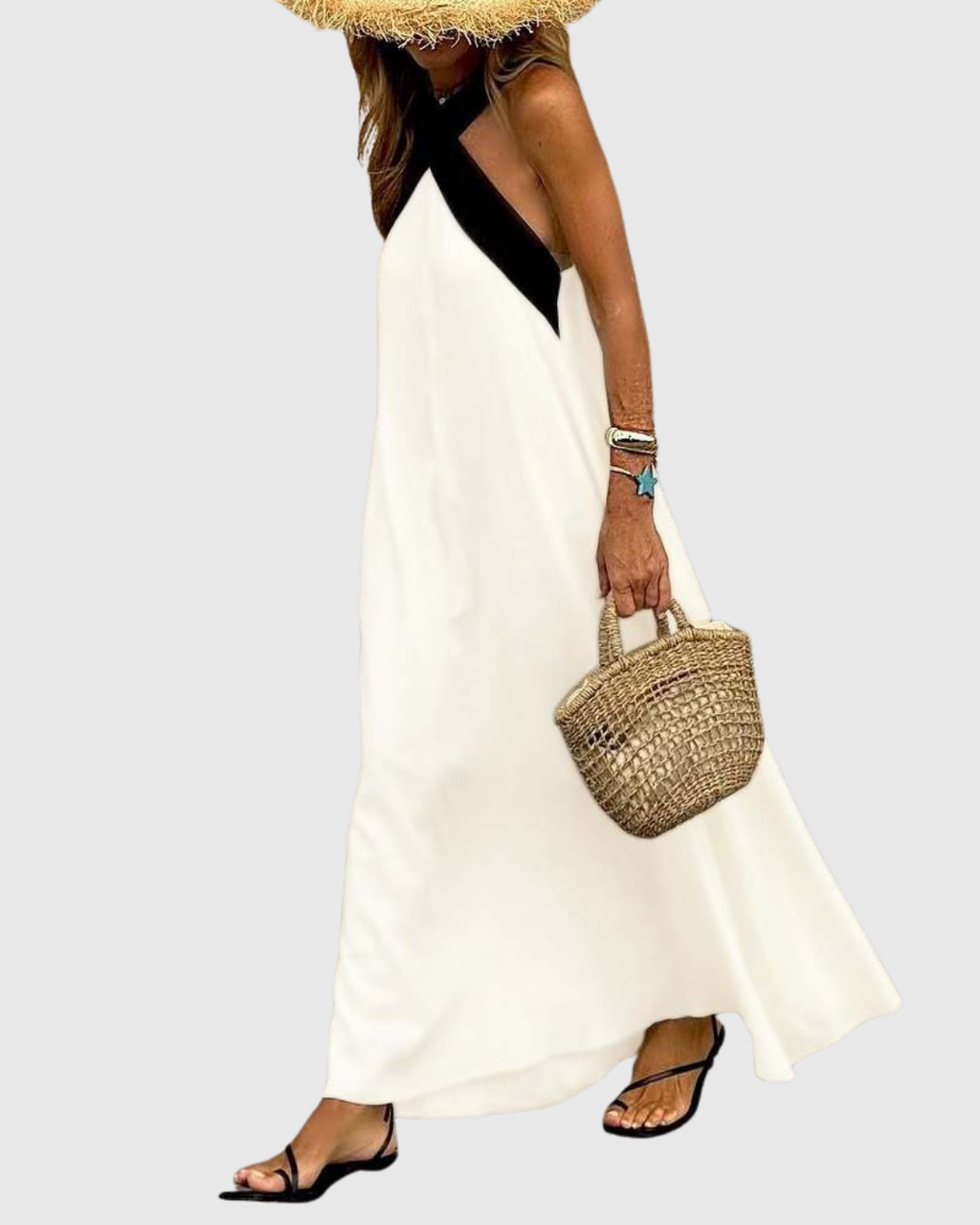 Black & White Halter Colorblock Maxi Dress - Resort