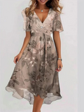 Taupe Botanical Floral Wrap V-Neck Midi Dress