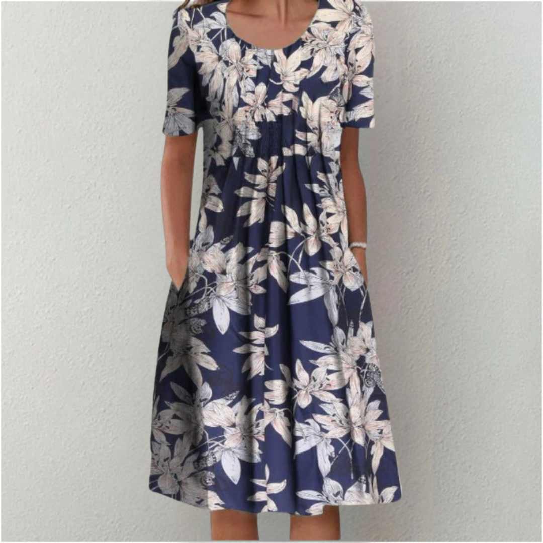 White Wildflower Print A-Line Dress with Pockets