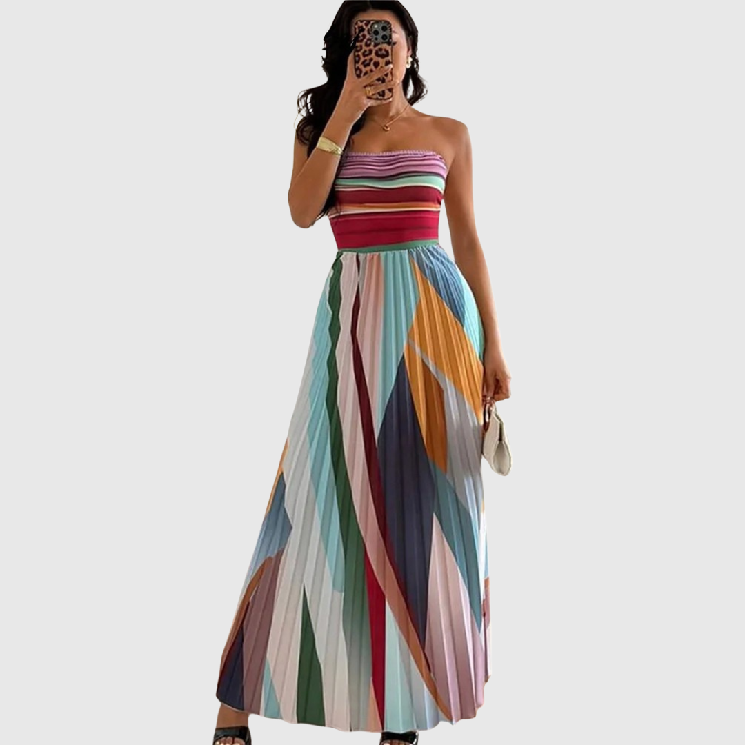 Multicolor Striped Strapless Pleated Chiffon Maxi Dress