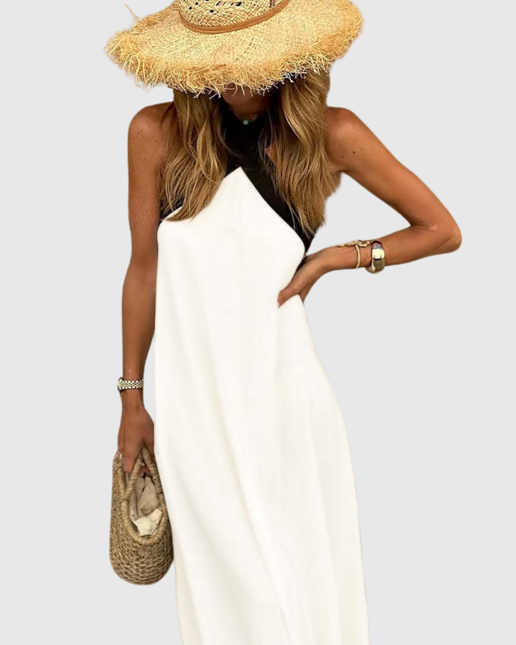 Black & White Halter Colorblock Maxi Dress - Resort