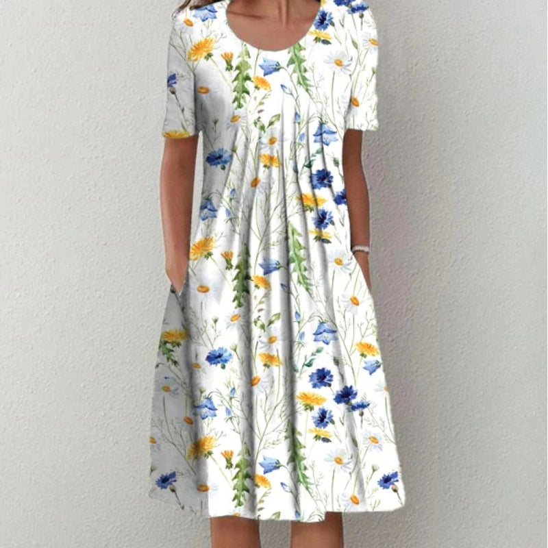 White Wildflower Print A-Line Dress with Pockets