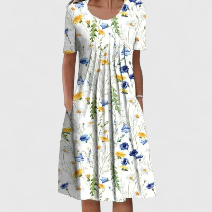 White Wildflower Print A-Line Dress with Pockets