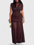 Red Ruched Mesh Mock Neck Pleated Maxi Dress