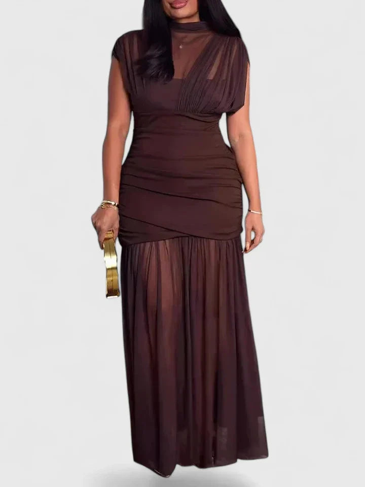 Red Ruched Mesh Mock Neck Pleated Maxi Dress