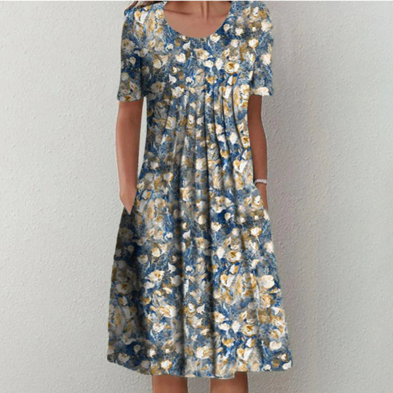 White Wildflower Print A-Line Dress with Pockets
