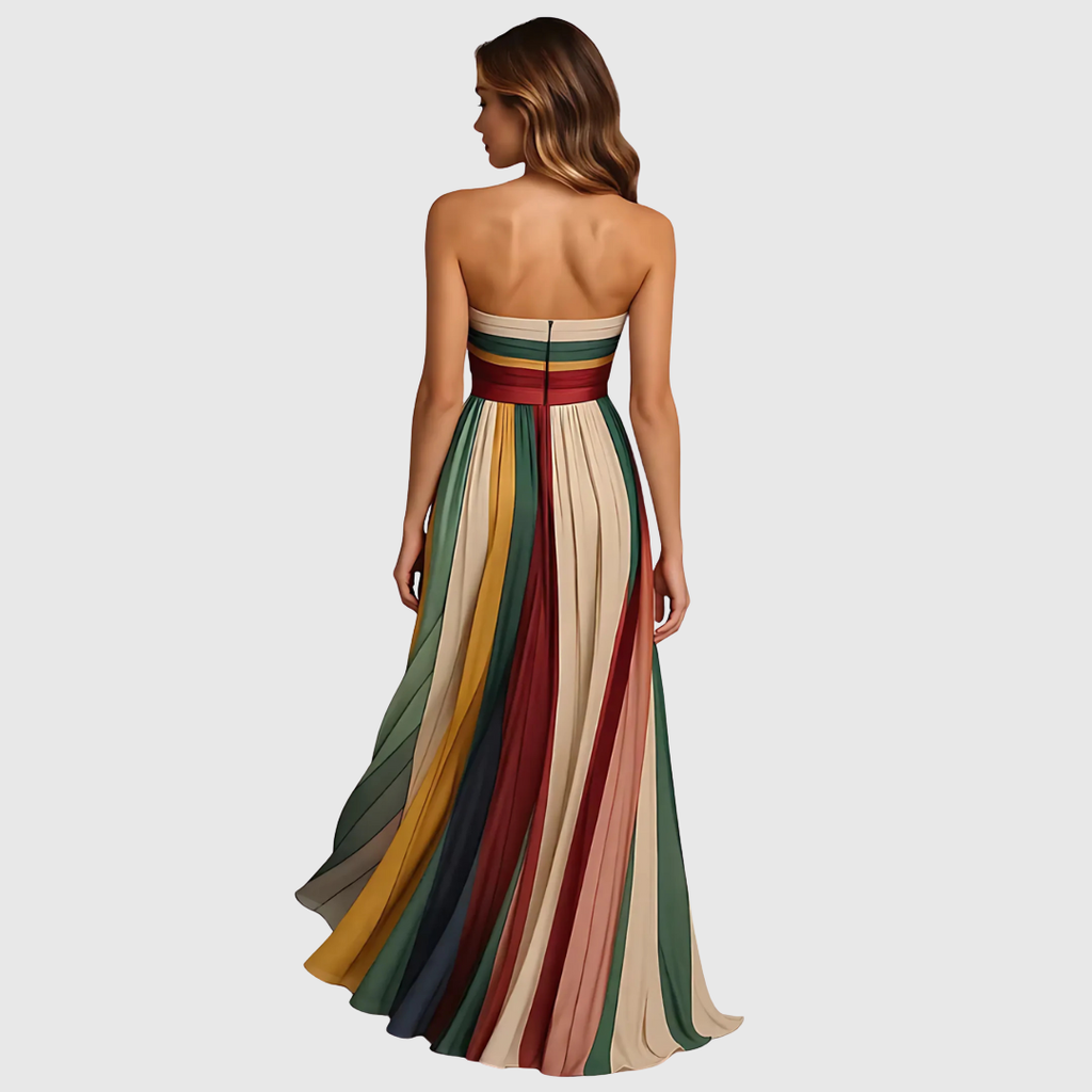 Multicolor Striped Strapless Pleated Chiffon Maxi Dress