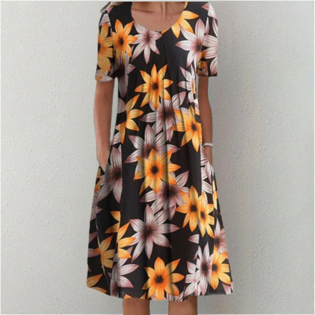 White Wildflower Print A-Line Dress with Pockets