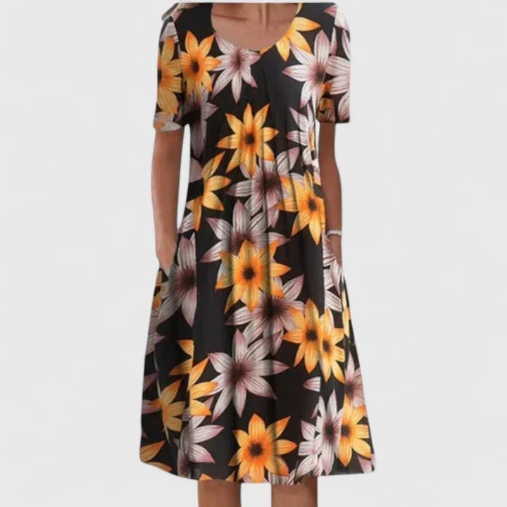 White Wildflower Print A-Line Dress with Pockets