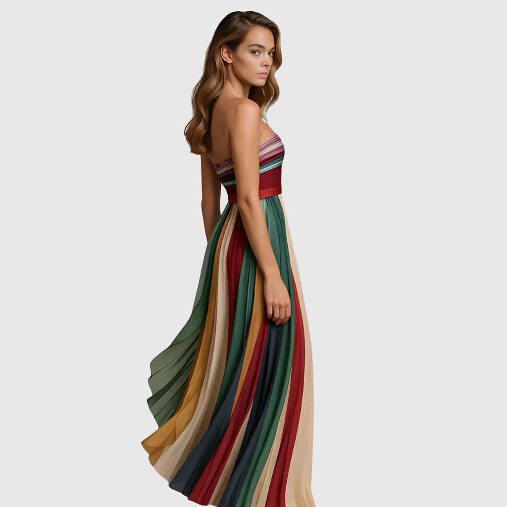 Multicolor Striped Strapless Pleated Chiffon Maxi Dress