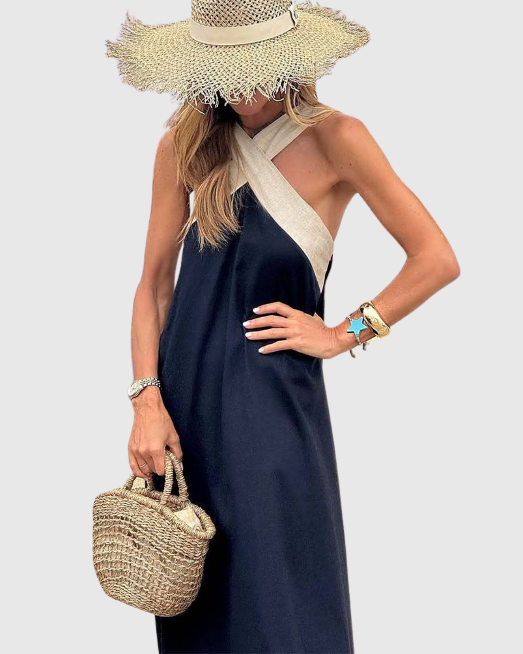 Black & White Halter Colorblock Maxi Dress - Resort