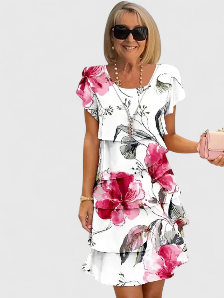 Purple Watercolor Floral Tiered A-Line Mini Dress