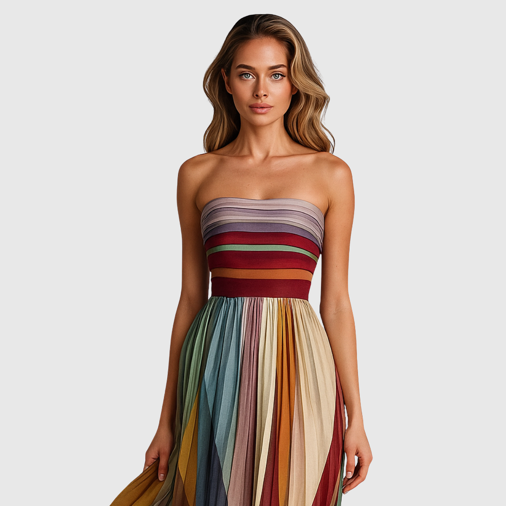 Multicolor Striped Strapless Pleated Chiffon Maxi Dress