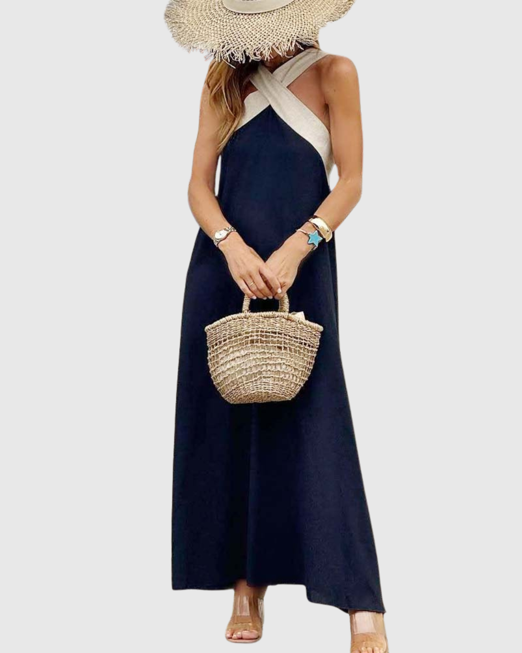 Black & White Halter Colorblock Maxi Dress - Resort