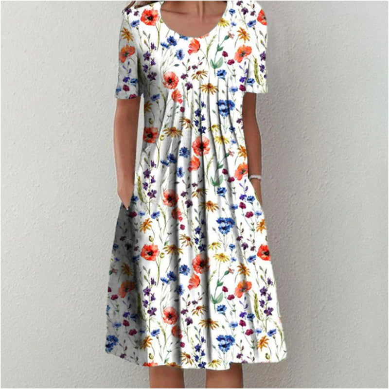 White Wildflower Print A-Line Dress with Pockets
