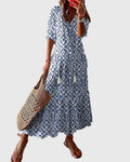Blue White Ikat Print Tiered Tassel Boho Maxi Dress