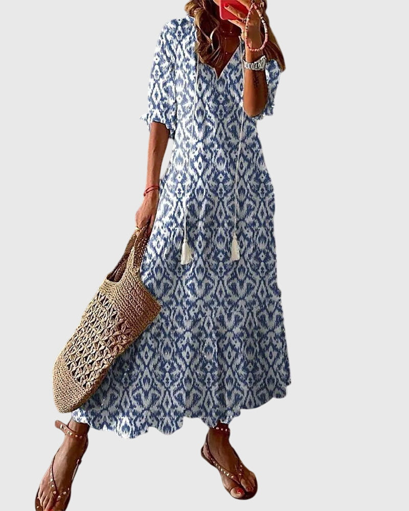 Blue White Ikat Print Tiered Tassel Boho Maxi Dress
