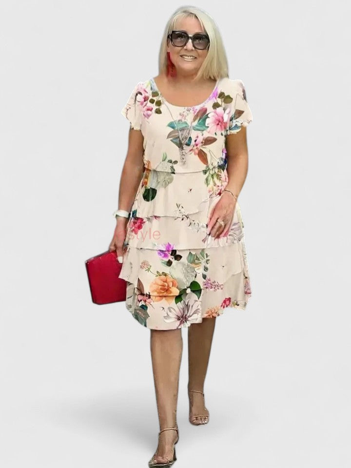 Purple Watercolor Floral Tiered A-Line Mini Dress