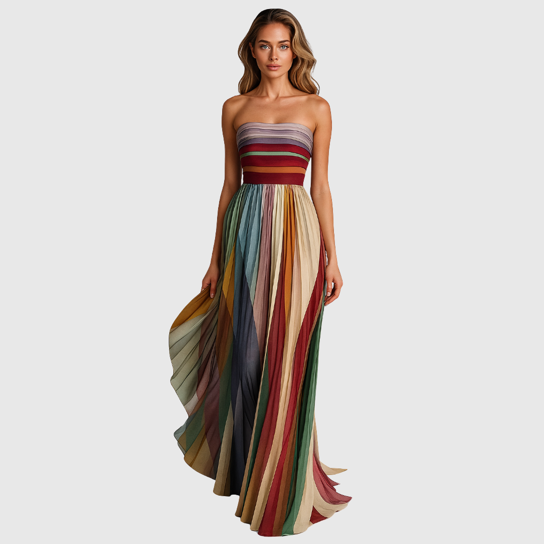 Multicolor Striped Strapless Pleated Chiffon Maxi Dress