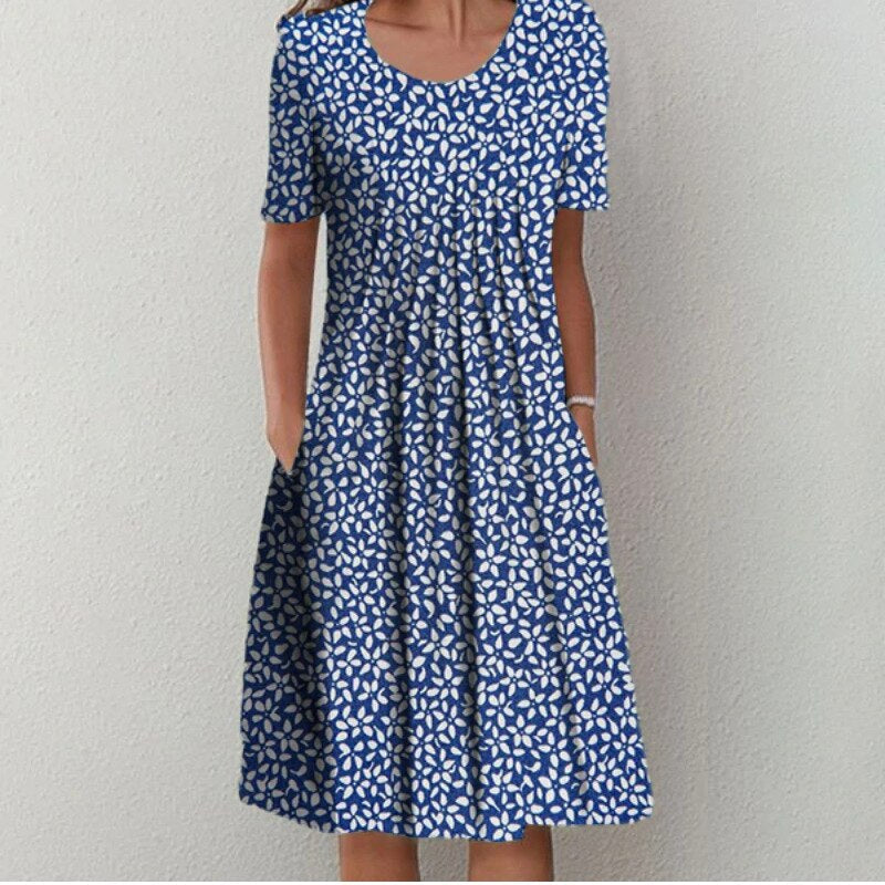 White Wildflower Print A-Line Dress with Pockets