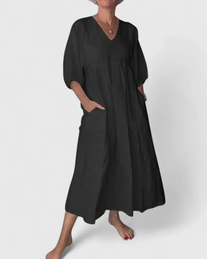 Black V-Neck Balloon Sleeve Linen-Look Midi Dress Cicadias Dresses Cicadias
