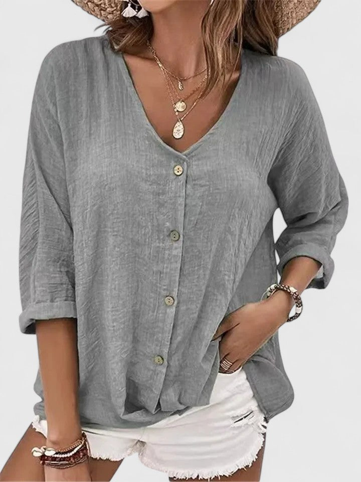 Black V-Neck Tunic Top with Split Bell Sleeves for Women Cicadias Tops Cicadias