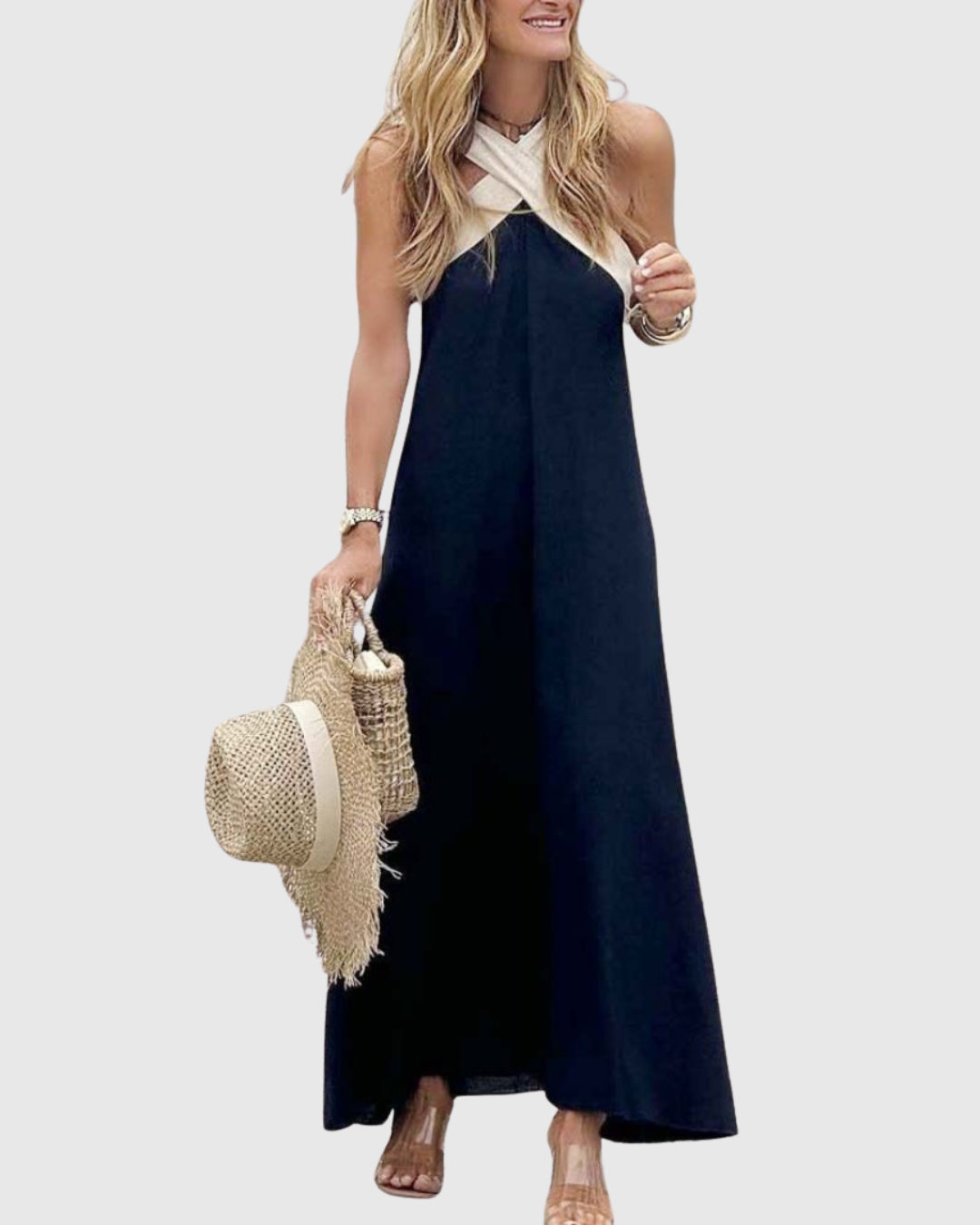 Black & White Halter Colorblock Maxi Dress - Resort Cicadias Dresses Cicadias