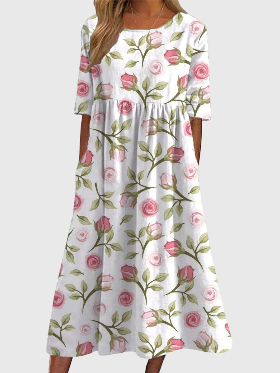 Blue Floral Vine Babydoll Midi Dress with Pockets Cicadias Dresses Cicadias