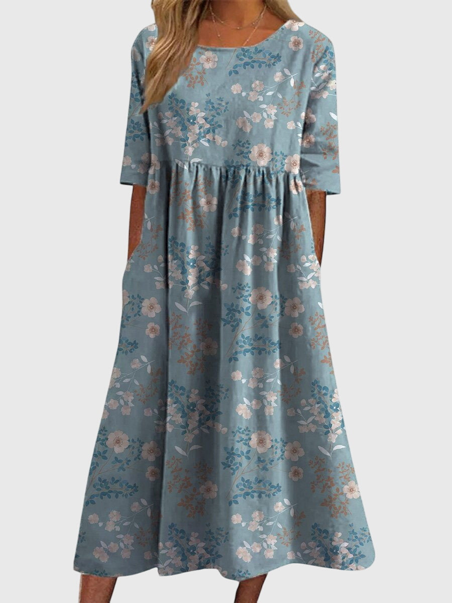 Blue Floral Vine Babydoll Midi Dress with Pockets Cicadias Dresses Cicadias