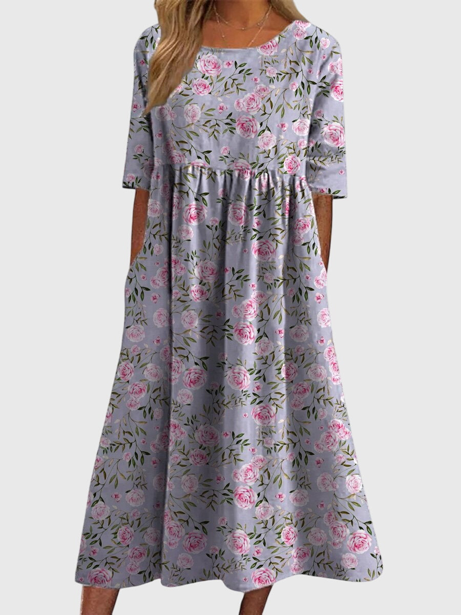 Blue Floral Vine Babydoll Midi Dress with Pockets Cicadias Dresses Cicadias
