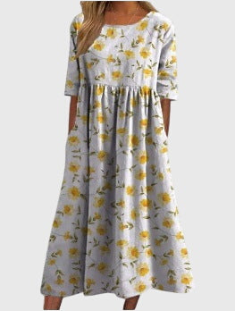 Blue Floral Vine Babydoll Midi Dress with Pockets Cicadias Dresses Cicadias