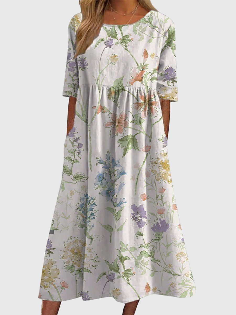 Blue Floral Vine Babydoll Midi Dress with Pockets Cicadias Dresses Cicadias