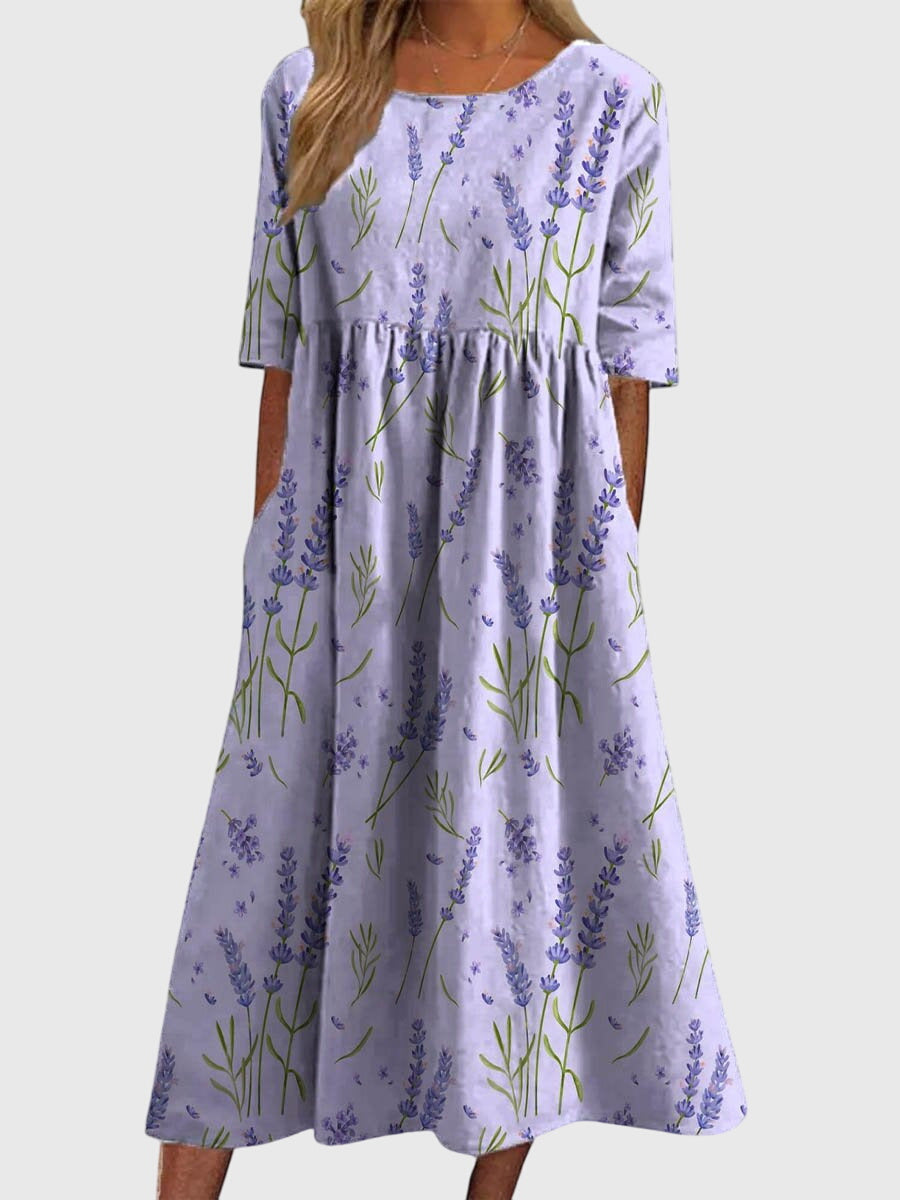 Blue Floral Vine Babydoll Midi Dress with Pockets Cicadias Dresses Cicadias