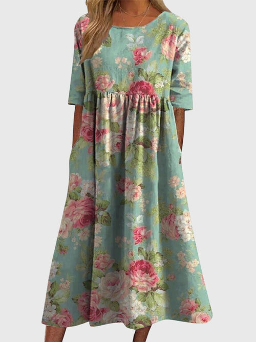 Blue Floral Vine Babydoll Midi Dress with Pockets Cicadias Dresses Cicadias