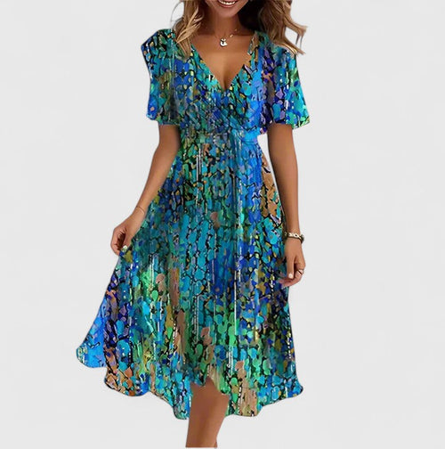 Blue Teal Mosaic Print Flutter Sleeve Midi Dress Cicadias Dresses Cicadias