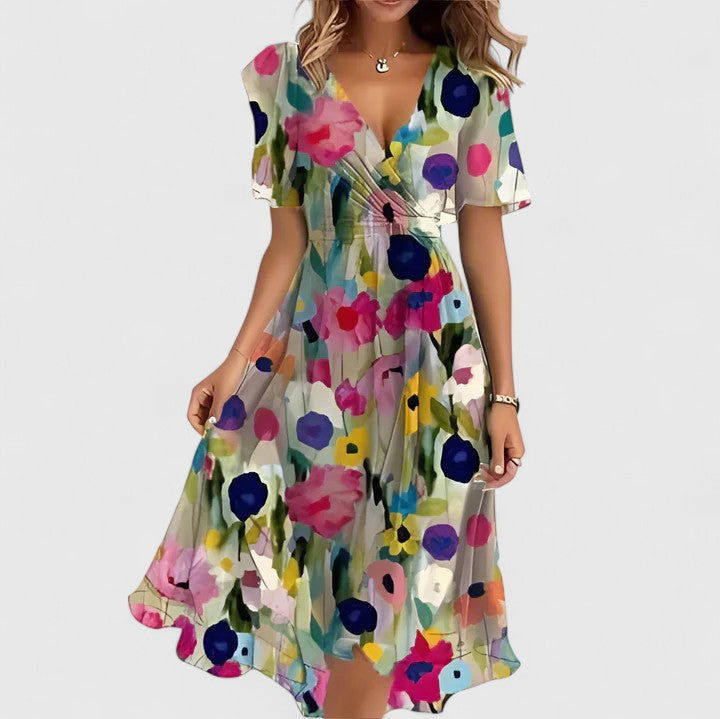 Blue Teal Mosaic Print Flutter Sleeve Midi Dress Cicadias Dresses Cicadias