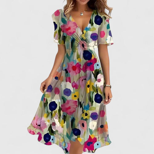 Blue Teal Mosaic Print Flutter Sleeve Midi Dress Cicadias Dresses Cicadias