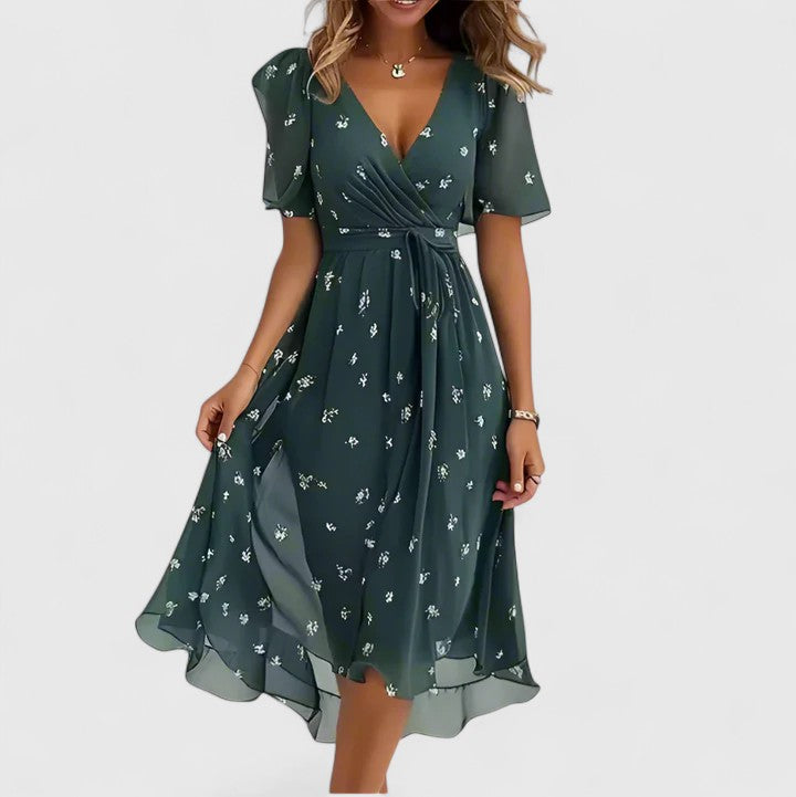 Blue Teal Mosaic Print Flutter Sleeve Midi Dress Cicadias Dresses Cicadias