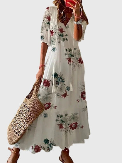 Blue White Ikat Print Tiered Tassel Boho Maxi Dress Cicadias Dresses Cicadias