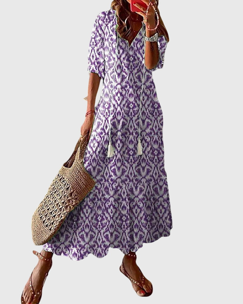 Blue White Ikat Print Tiered Tassel Boho Maxi Dress Cicadias Dresses Cicadias