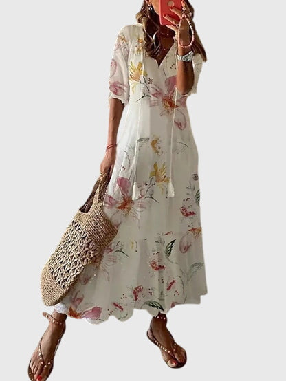 Blue White Ikat Print Tiered Tassel Boho Maxi Dress Cicadias Dresses Cicadias