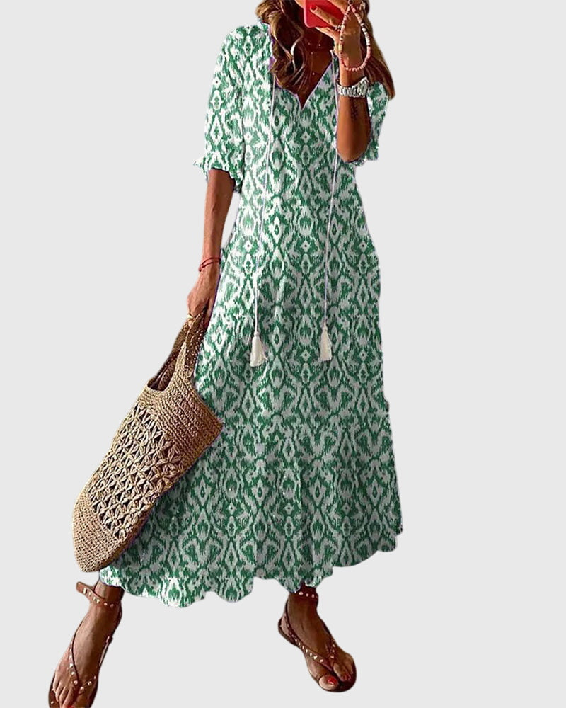 Blue White Ikat Print Tiered Tassel Boho Maxi Dress Cicadias Dresses Cicadias