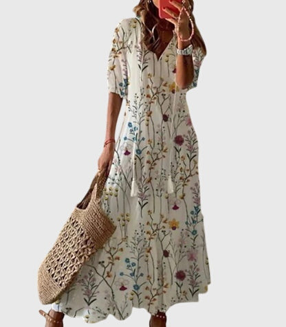 Blue White Ikat Print Tiered Tassel Boho Maxi Dress Cicadias Dresses Cicadias