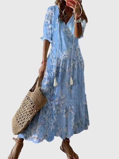 Blue White Ikat Print Tiered Tassel Boho Maxi Dress Cicadias Dresses Cicadias