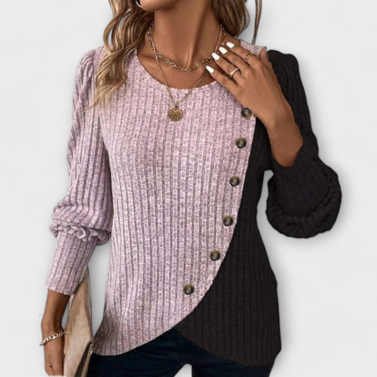 Color Block Ribbed Knit Top with Button Detail for Women Cicadias Tops Cicadias